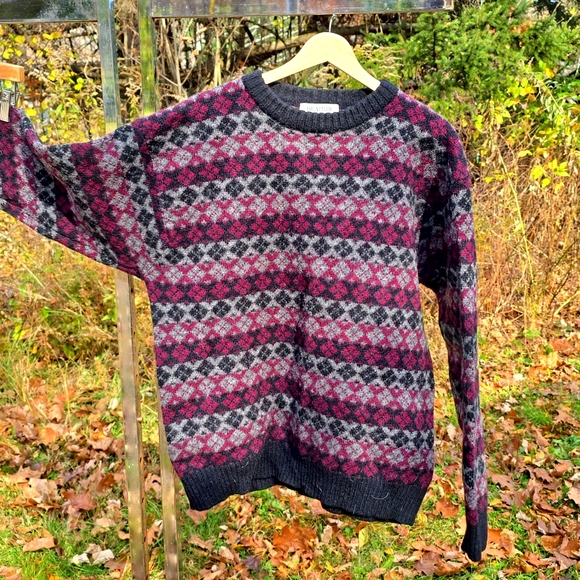 Vintage ARGYLE Fair Isle Wool Burgundy Grey Coogi Style Sweater XL Unisex